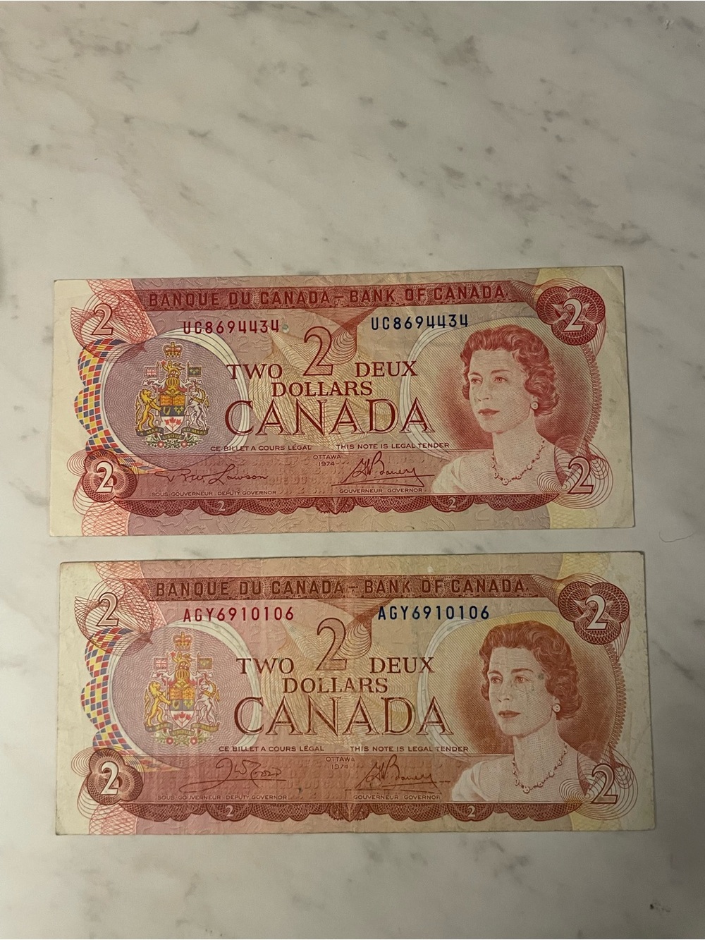 1974 pair Vintage Canada Two Dollar Bills